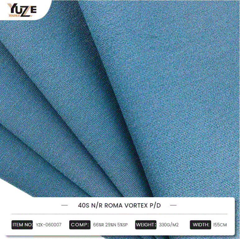 YZK-060007 40S N/R ROMA VORTEX P/D: Comhcheangal a dhéanamh ar chumasc ardfheidhmíochta de réón, níolón agus spandex, cruthaíonn teicneolaíocht sníomh vortex vortex rogha faisin durable agus compordach